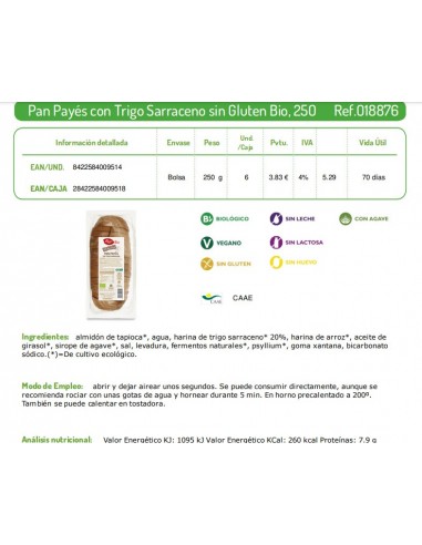Pan payés sin gluten bio 250gr El...